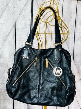 Michael Kors Black Pebbled Leather Shoulder Bag with Gold Accents